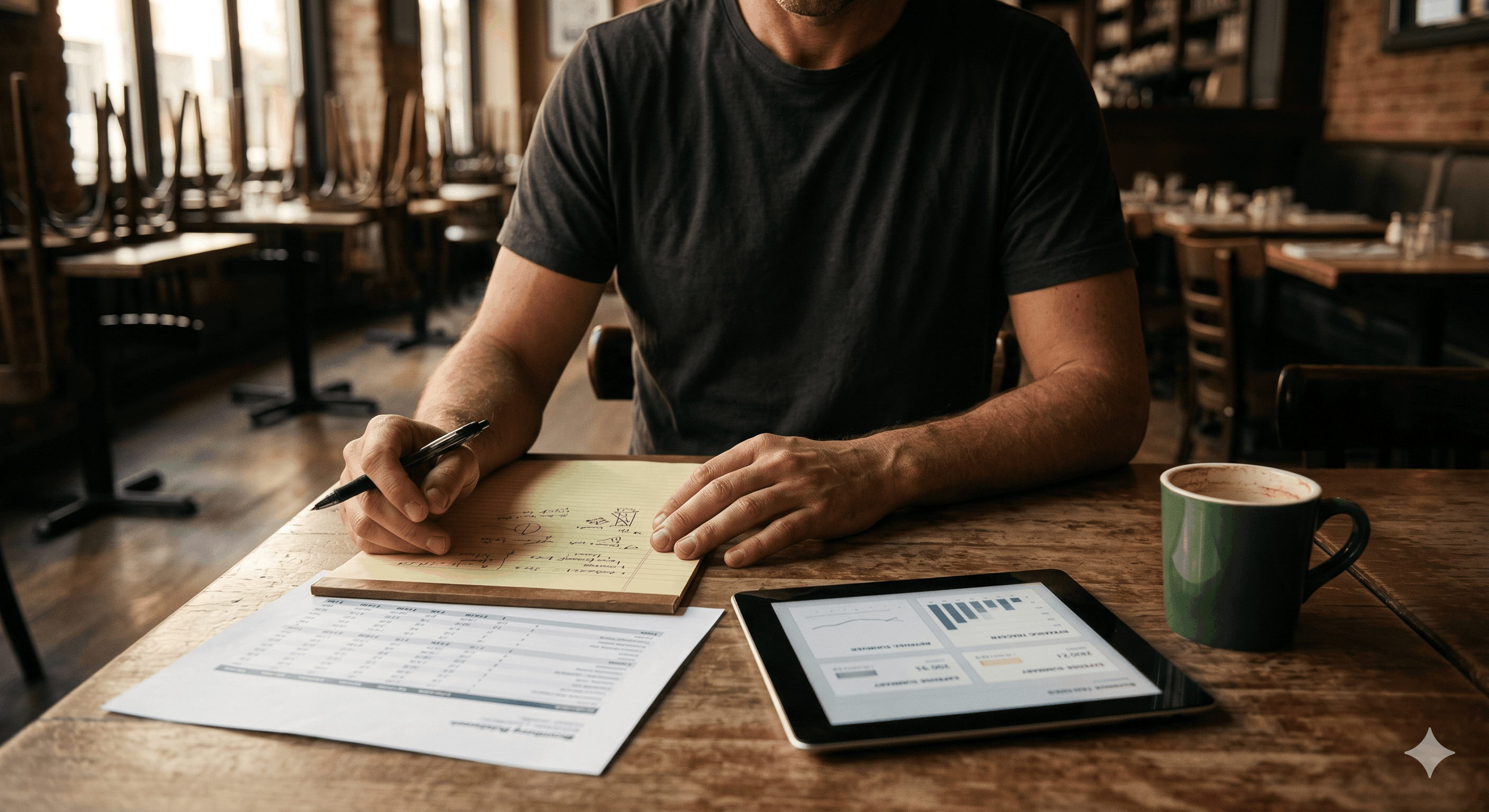 A restaurant owner at a quiet dining room table before service reviewing scenario analysis on a tablet and printed spreadsheet A restaurant owner at a quiet dining room table before service reviewing scenario analysis on a tablet and printed spreadsheet