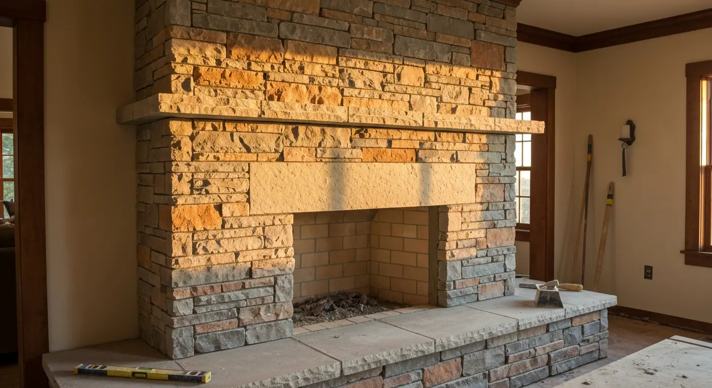 Stone masonry fireplace