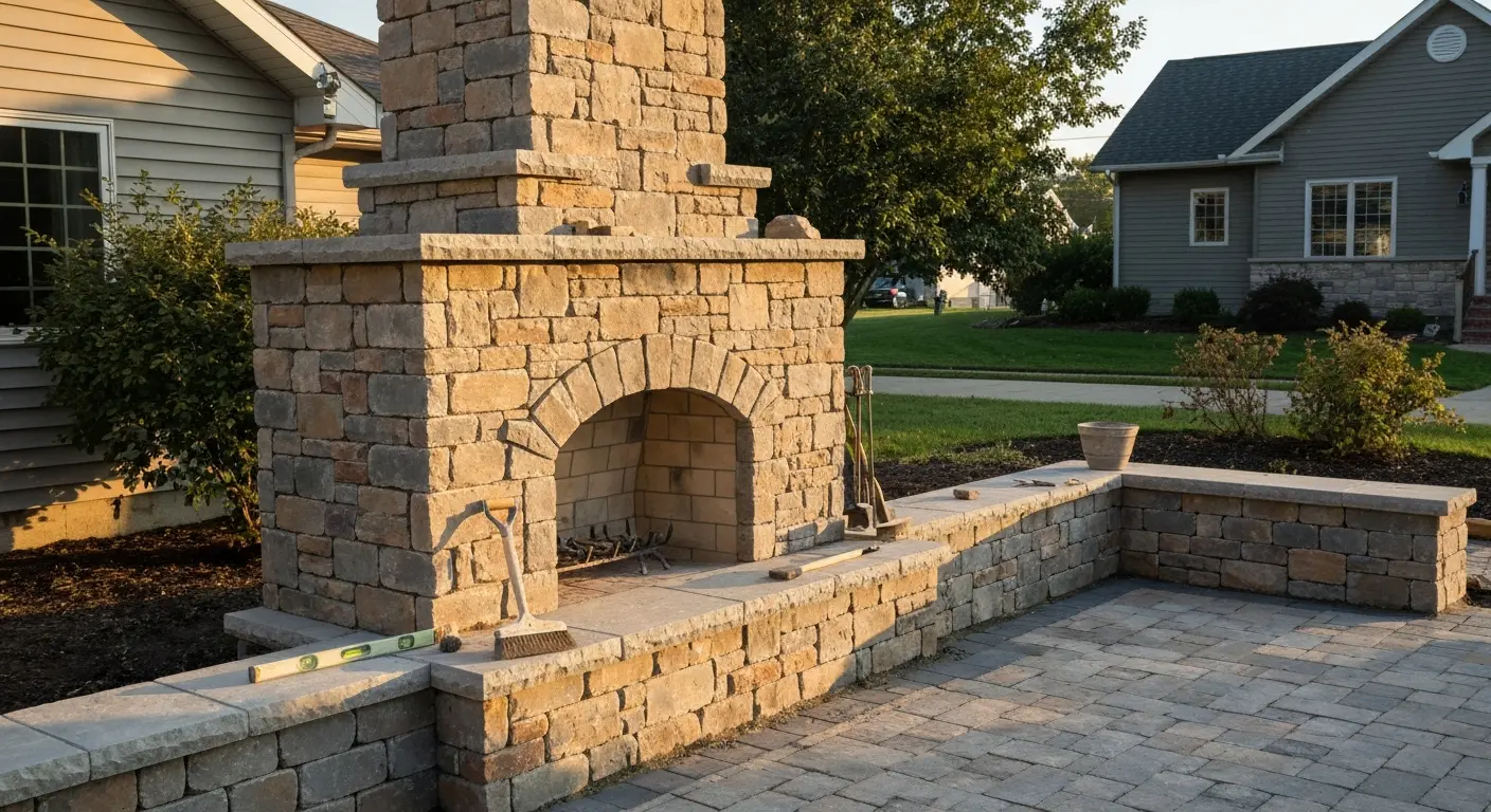 Stone chimney and patio