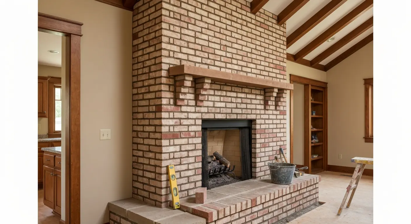 Custom brick fireplace with hearth
