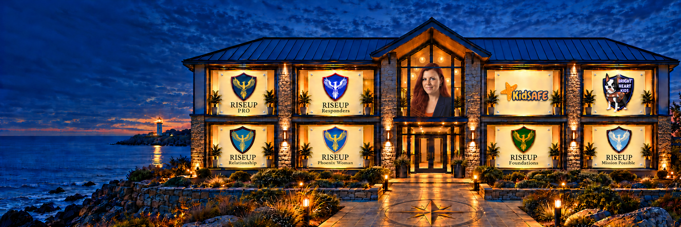 RISEUP Phoenix depicted as one connected coastal home with eight illuminated program rooms, a compass pathway, distant lighthouse and Dr. Krista Fee in the central upper window.