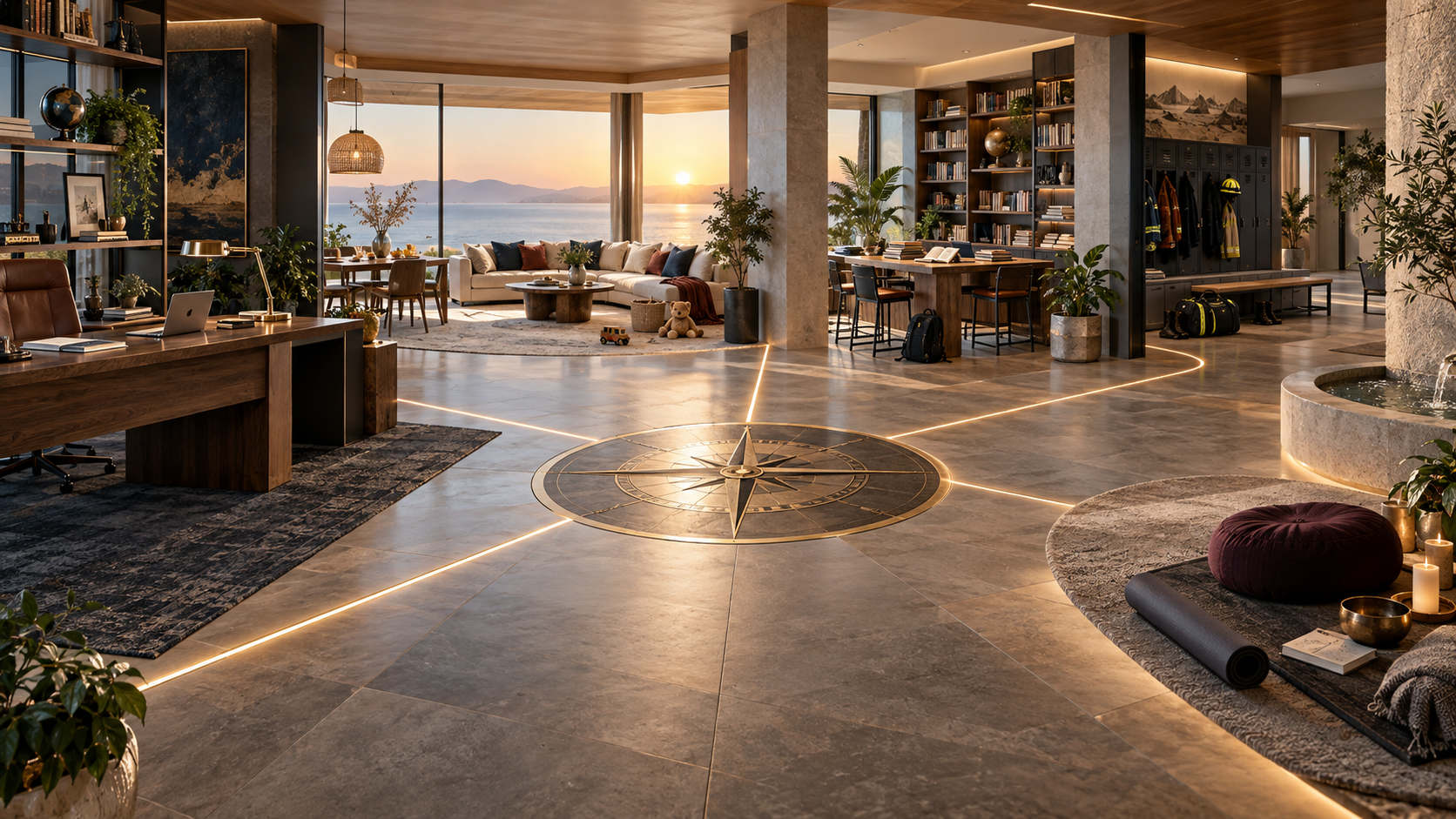 Connected spaces for work, family, learning, safety and recovery surrounding a central compass, illustrating how different areas of life influence one another.