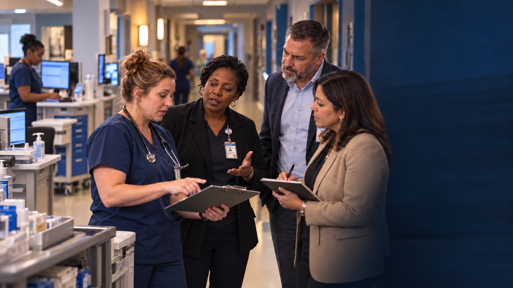 Illustration of healthcare professionals reviewing clipboards together in a hospital.