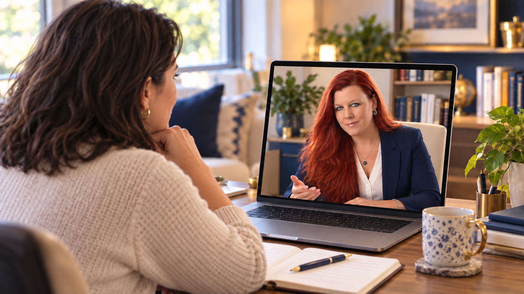 Illustration of an adult speaking with Dr. Krista Fee during a one-to-one virtual coaching session.