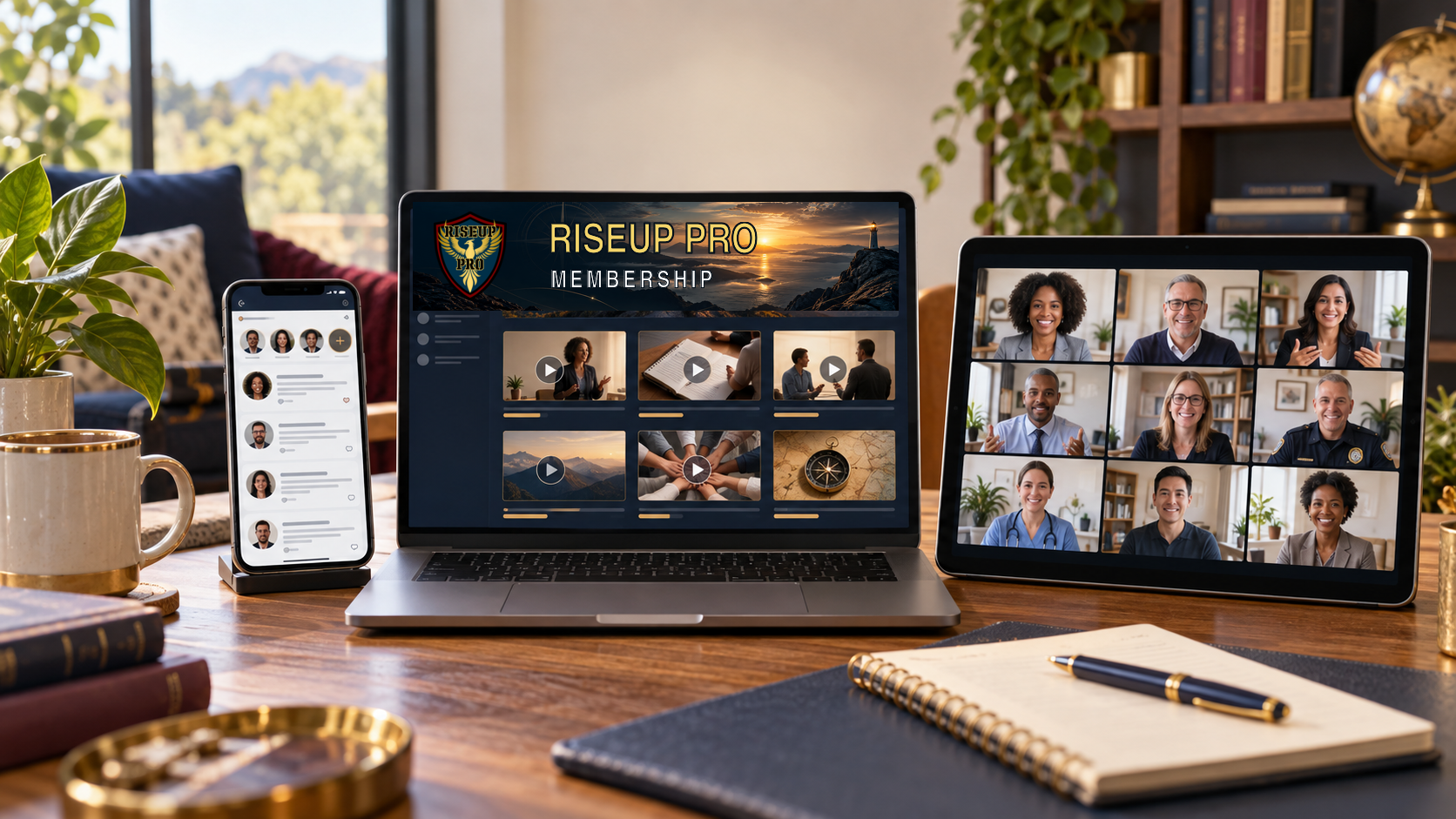 RISEUP PRO digital learning and community mockup across a laptop, phone and group video screen.