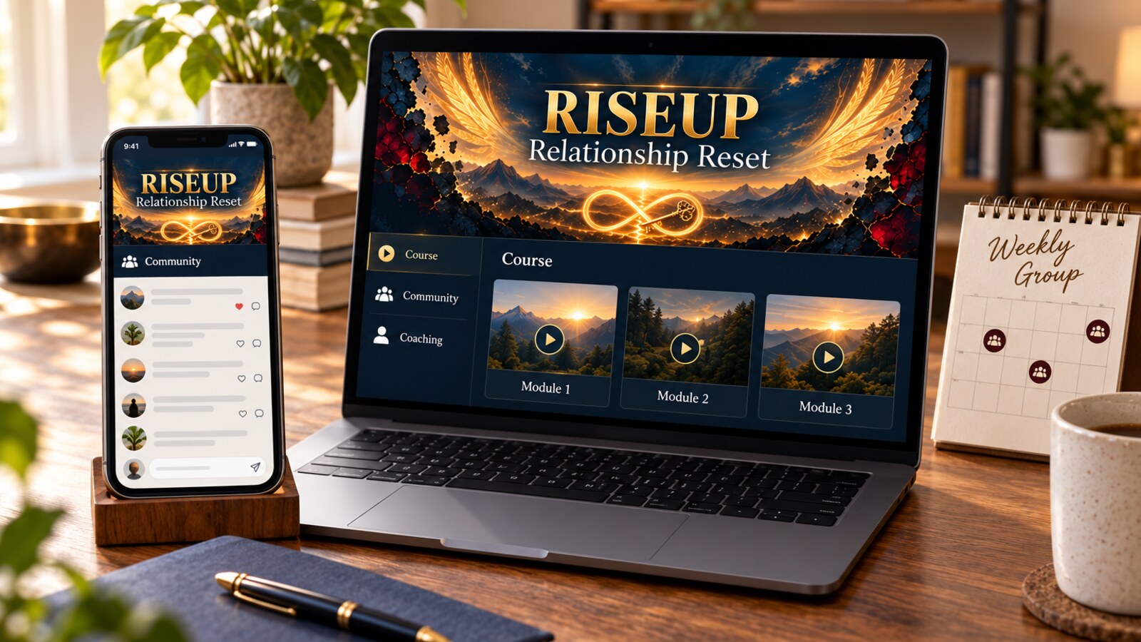 Relationship Reset course and community mockup on a laptop and phone beside a weekly group calendar.