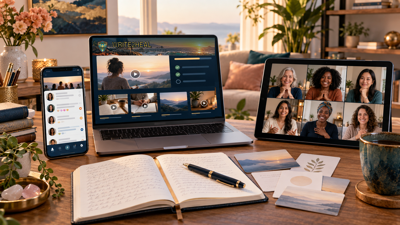 Write2Heal digital course and community mockup with a group video screen and an open journal.