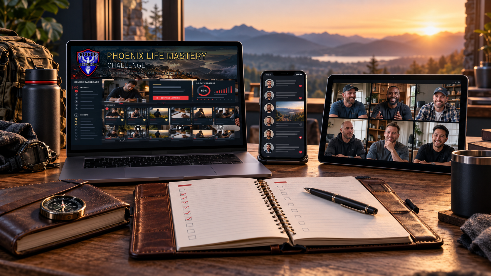 Phoenix Life Mastery digital course and community mockup with a progress dashboard, group video screen and planner.