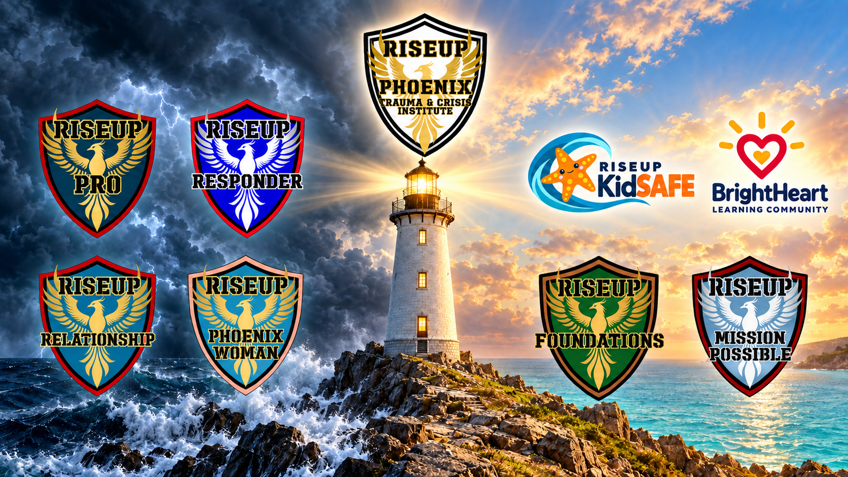 A central lighthouse beneath the RISEUP Phoenix Institute logo, surrounded by eight room logos, with stormy seas on the left transitioning to sunlight and calm water on the right.