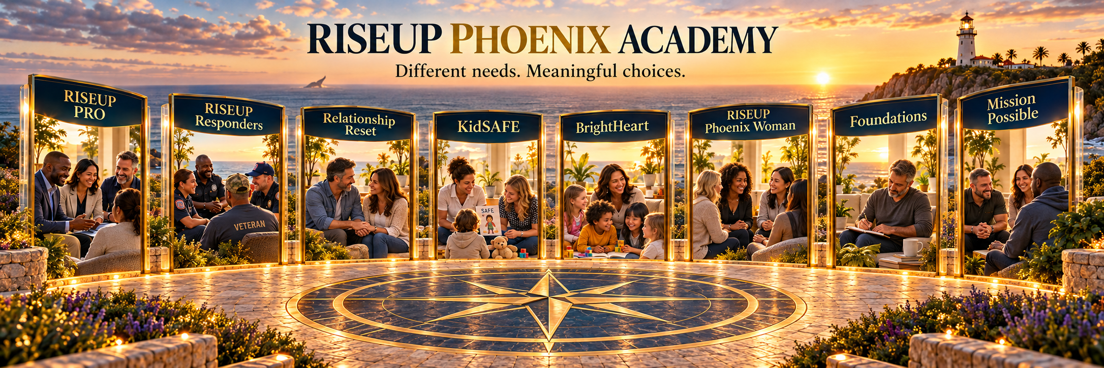 RISEUP Phoenix Academy: eight rooms surrounding a compass plaza beside the ocean and lighthouse