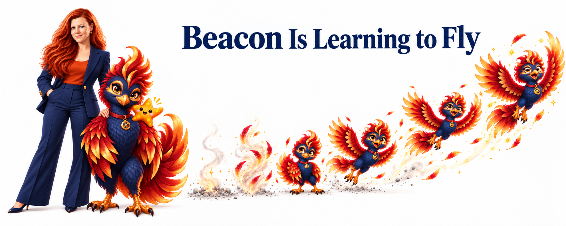 Dr. Krista and Beacon beside a playful sequence showing Beacon rising from ashes and learning to fly.