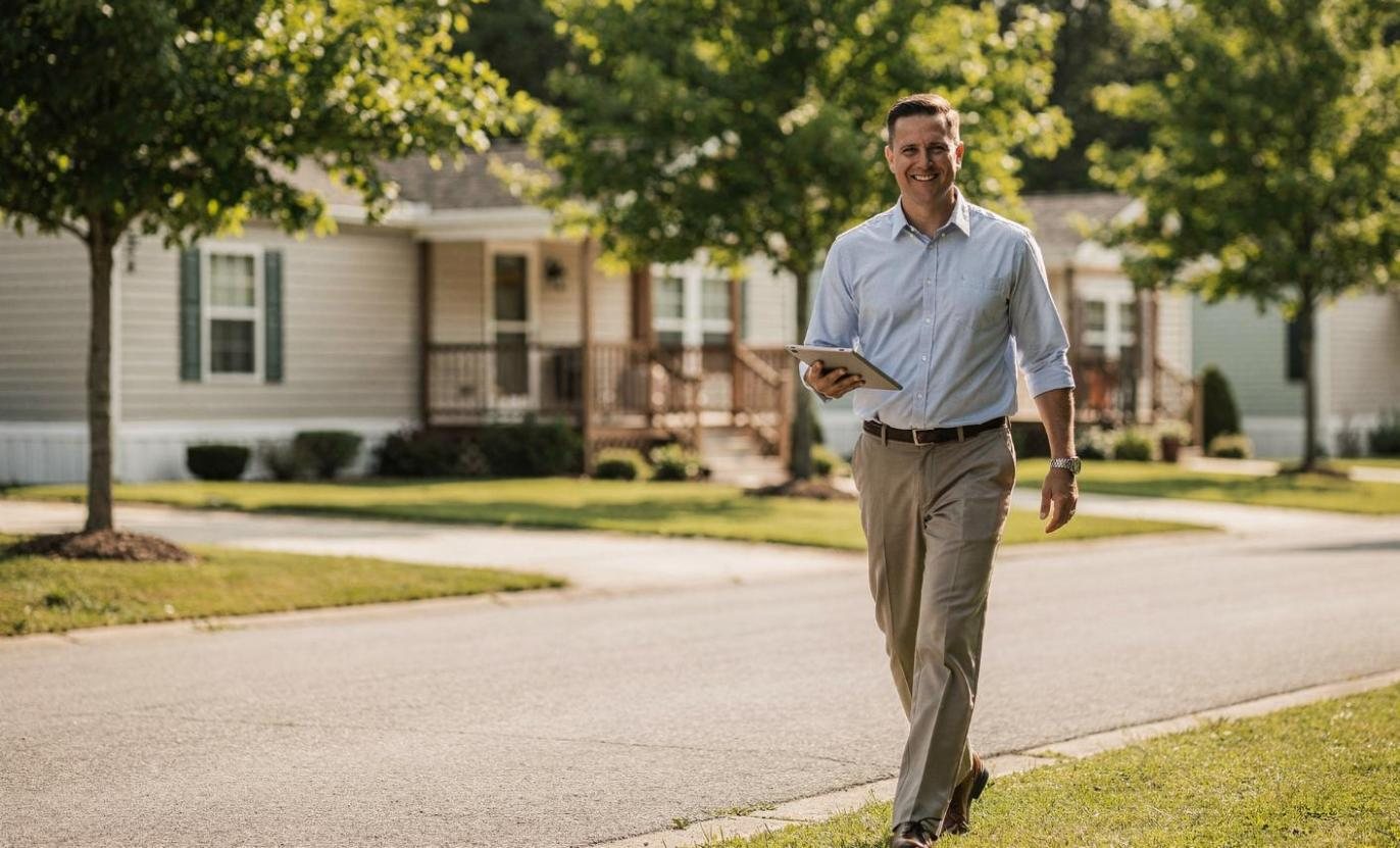 Community manager walking through a well-kept community