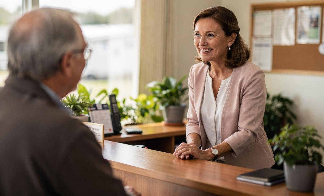 Loan officer greeting a client at the front desk