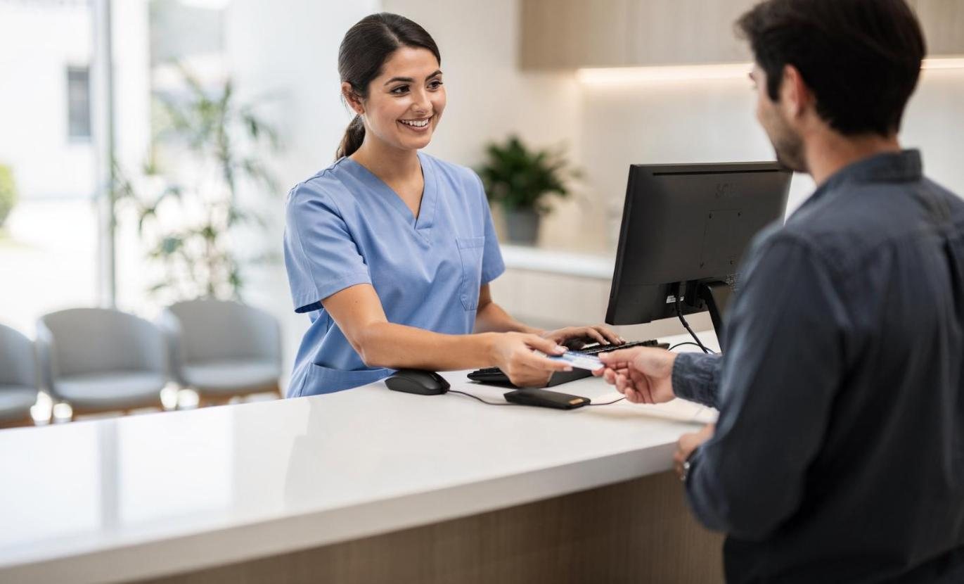 Clinic front desk team member helping a patient