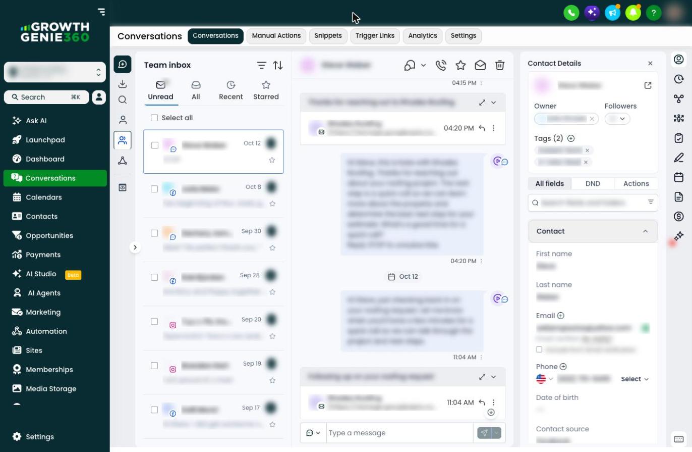 GrowthGenie360 unified inbox with a text conversation and contact details panel, all personal details blurred