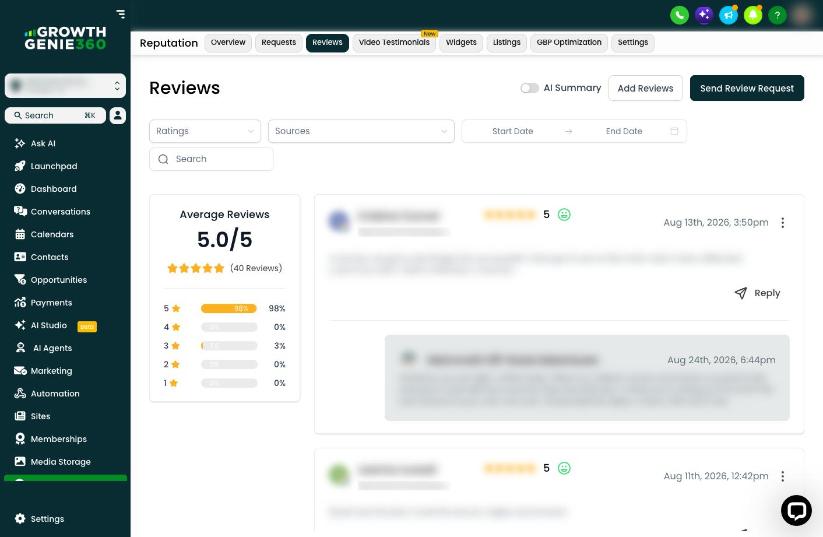 Review Llama reviews feed showing a 5.0 average rating, reviewer names and text blurred