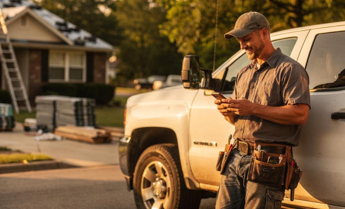 Roofing contractor smiling at a text message beside his work truck