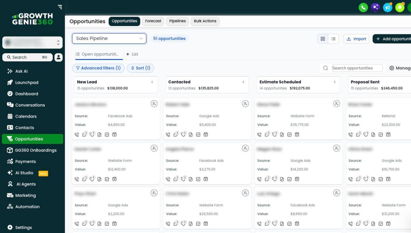 GrowthGenie360 opportunities pipeline board with lead cards in stages, customer names blurred