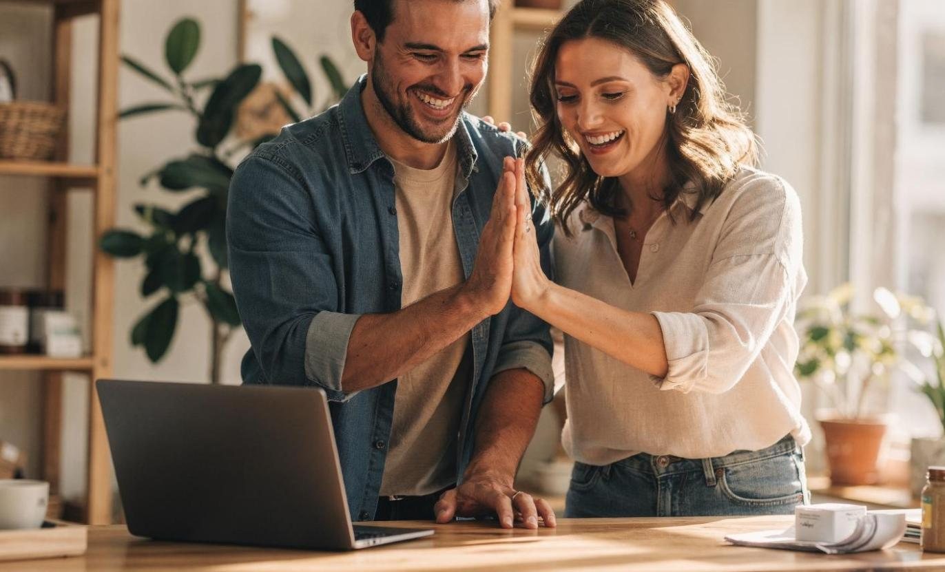 Two small business owners celebrating with a high five at their shop counter