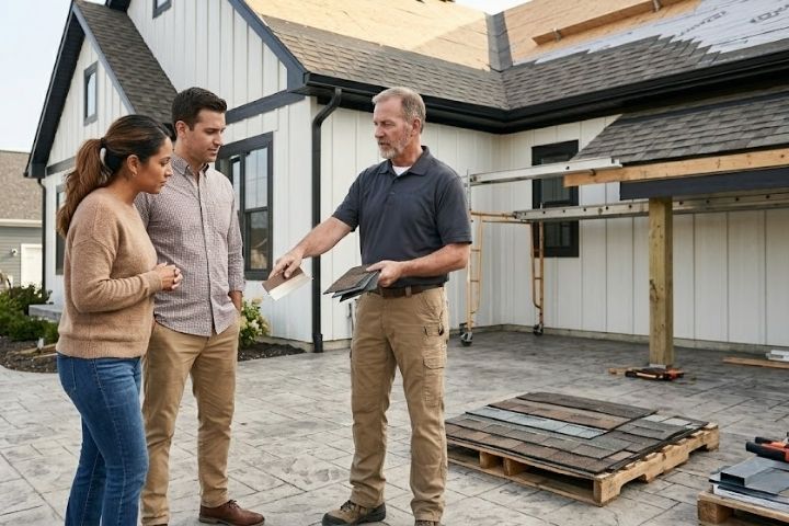 A trusted roofer explaining materials and project scope at a property.