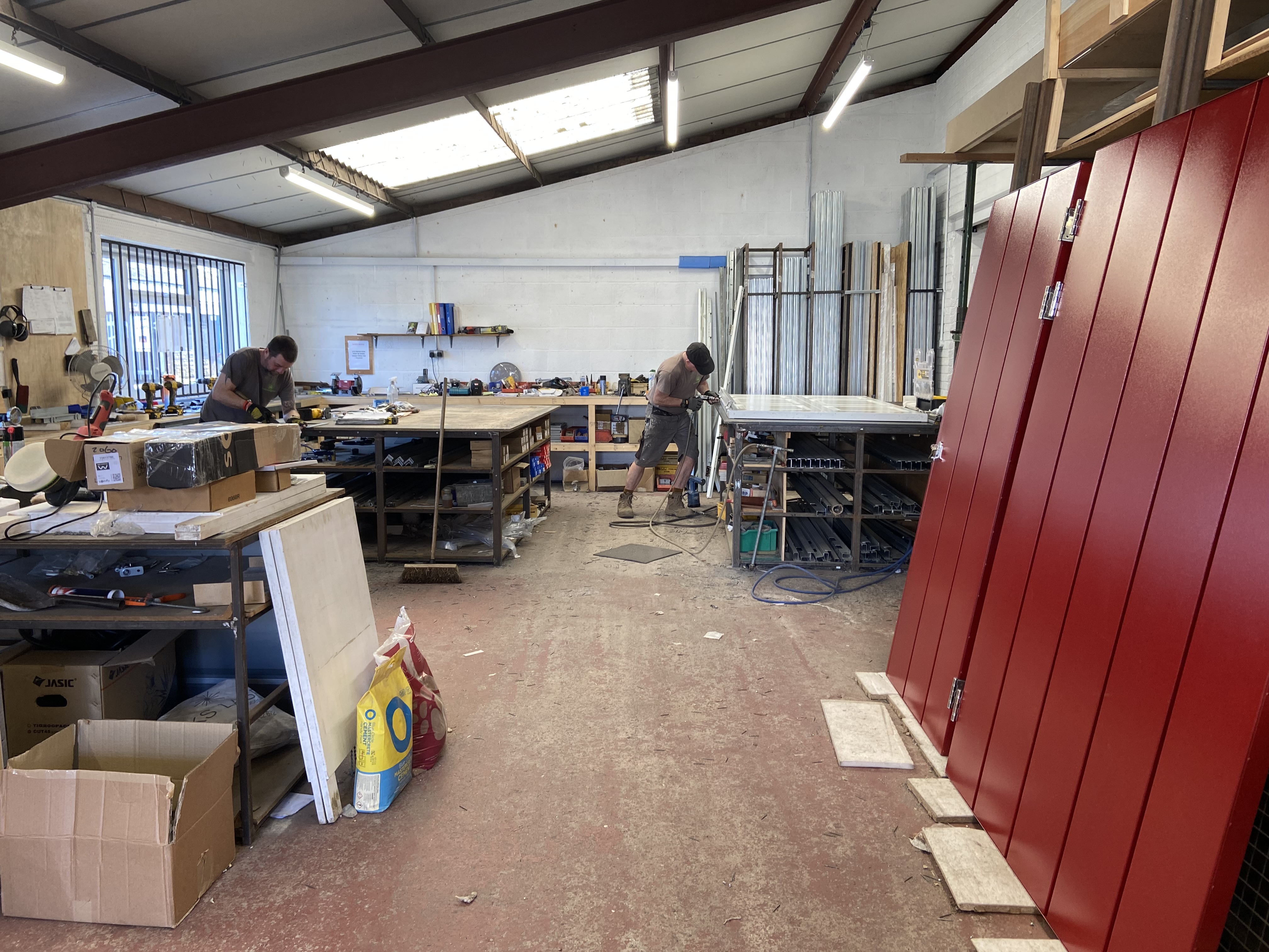 Steel side-hinged garage doors being manufactured in the Central Garage Doors workshop in Brierley Hill. Steel side-hinged garage doors being manufactured in the Central Garage Doors workshop in Brierley Hill.