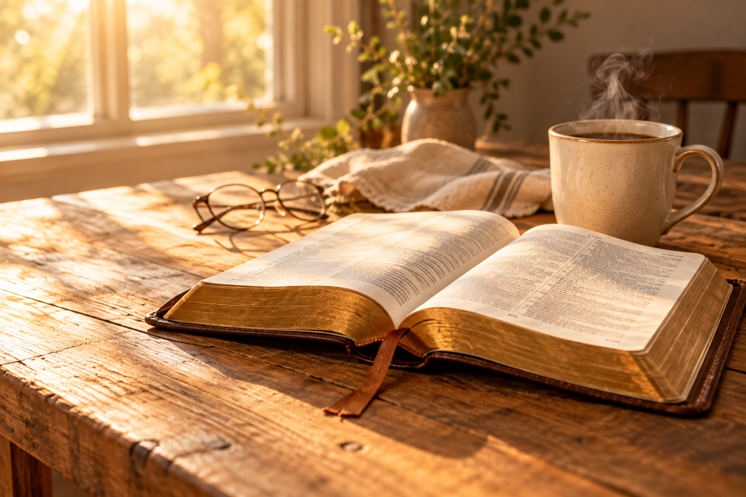 Open King James Bible and a cup of coffee on a wooden table in warm morning light