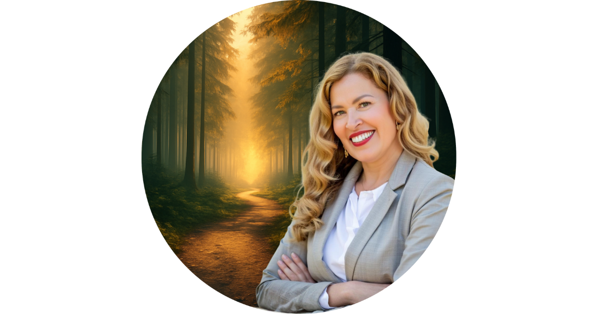 Storybook portrait of Mayra Sanchez on a forest path at sunrise