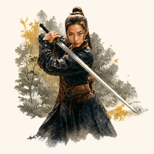 A woman warrior with a sword, in ink wash
