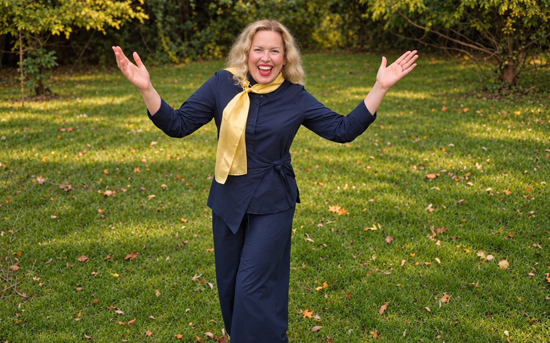 Mayra Sanchez laughing with her arms open in a park