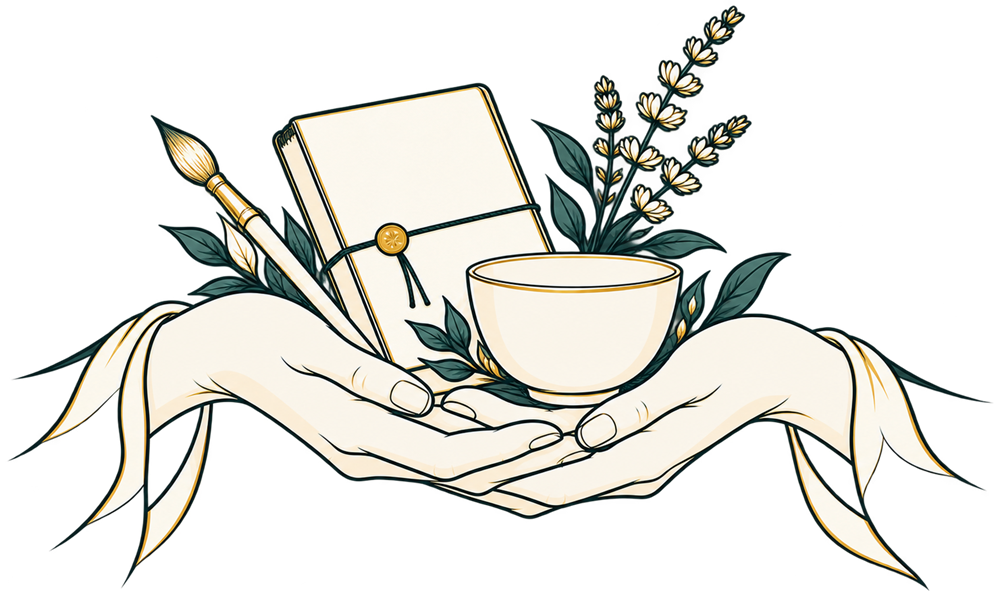 Open hands holding a journal, a brush, a cup of tea and a sprig of lavender