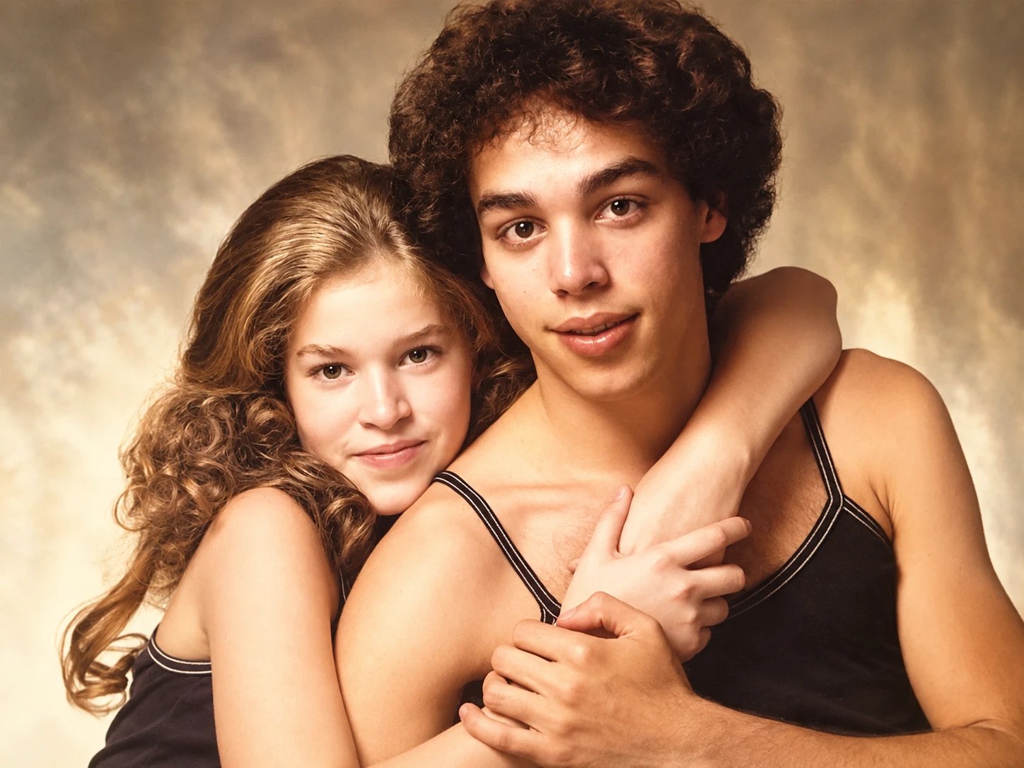 Mayra as a girl hugging her brother Marcy from behind, a 1978 studio portrait in color