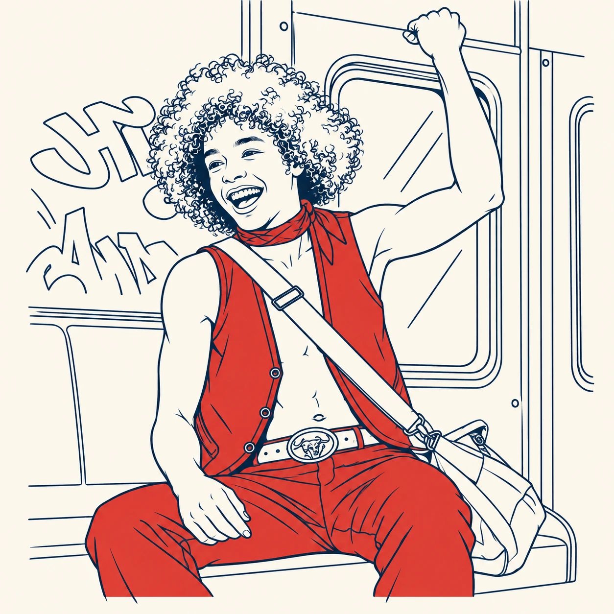 Line drawing of Marcy laughing on a subway car, in a red vest