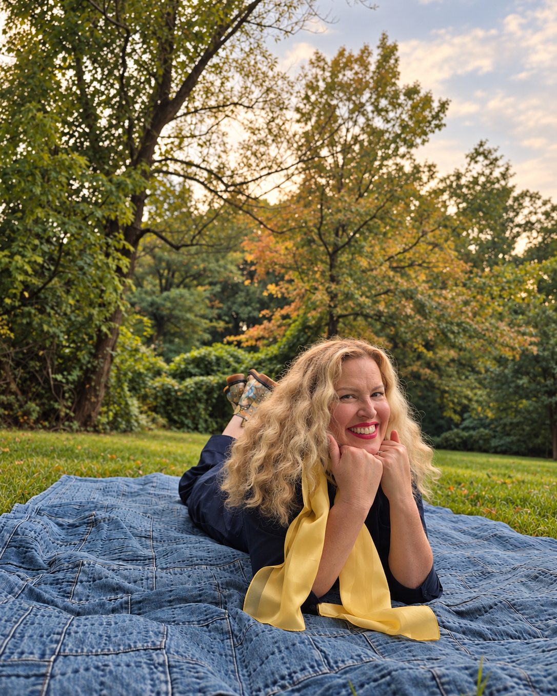 Mayra relaxing on a blanket in the park as the trees begin to turn
