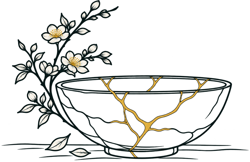 A bowl mended with gold seams beside a plum blossom branch, in fine line art