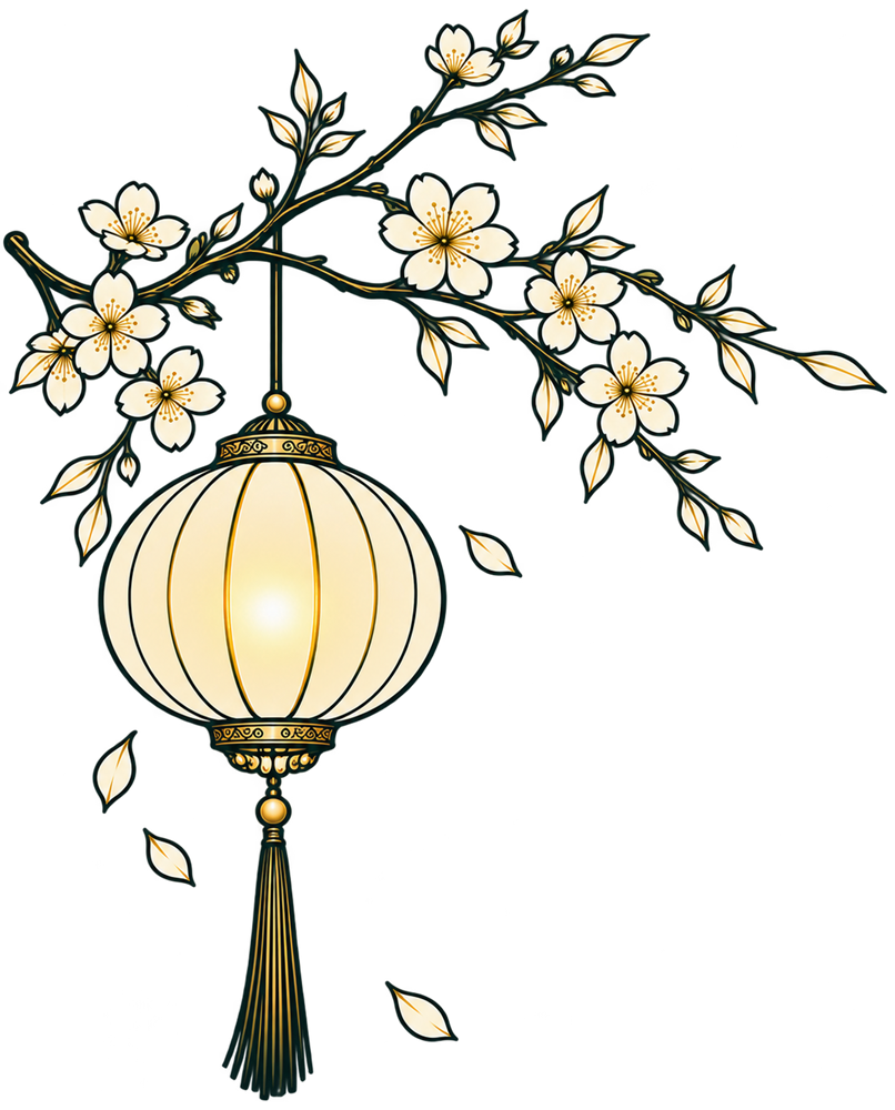 A paper lantern glowing softly, hanging from a blossom branch