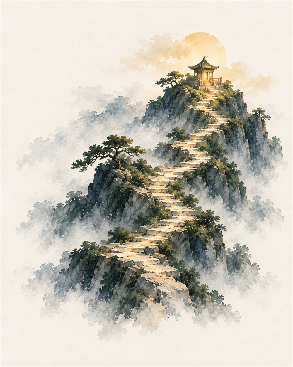 A misty mountain path winding up to a temple at sunrise, in watercolor