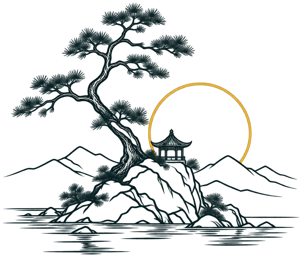 A pine on a rocky island with a small pagoda and a golden sun