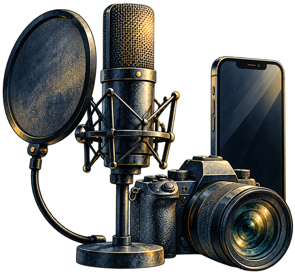 A studio microphone, camera and phone, in watercolor