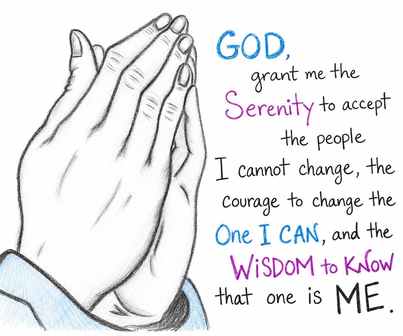 A recreation of Mayra's sketchbook page: praying hands beside her version of the Serenity Prayer