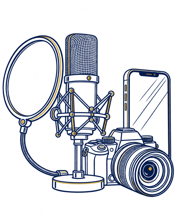 A studio microphone, camera and phone, in navy line art