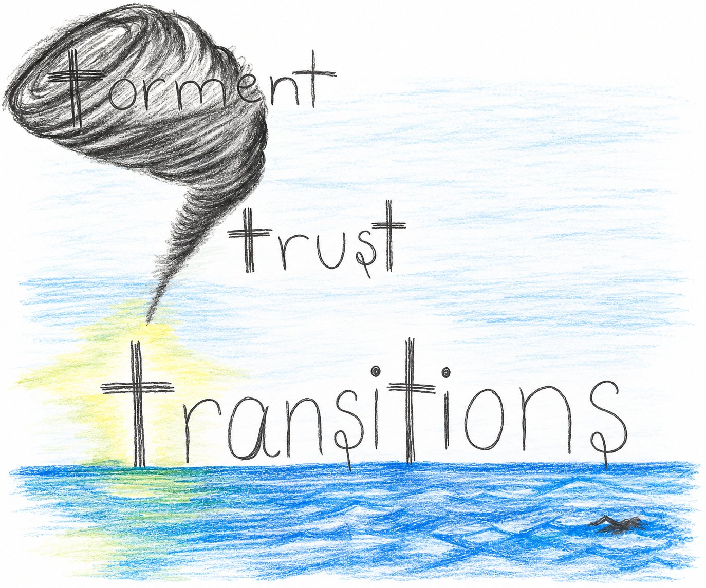 A recreation of Mayra's sketchbook page: a storm over the sea with the words torment, trust, transitions