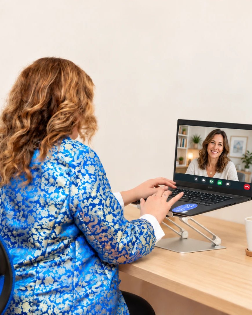 Mayra Sanchez at her laptop in a one-on-one video session