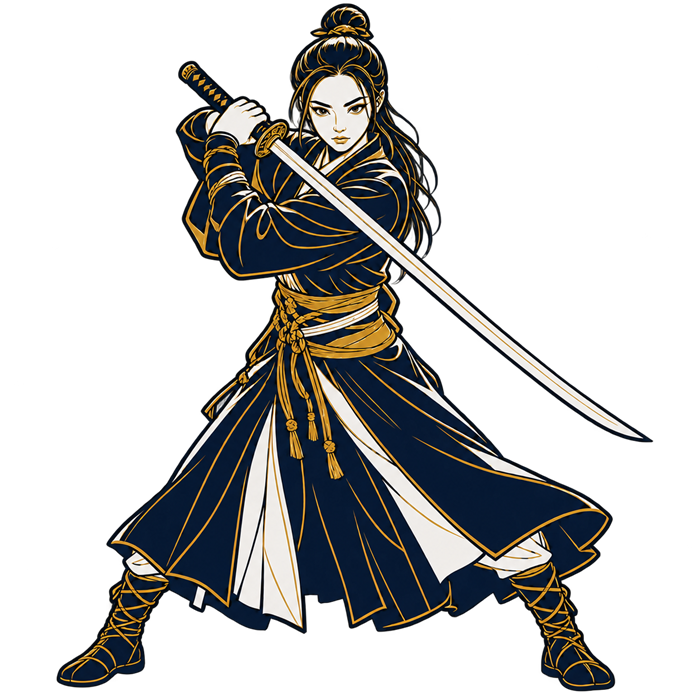 A woman warrior holding a sword, in navy and gold line art