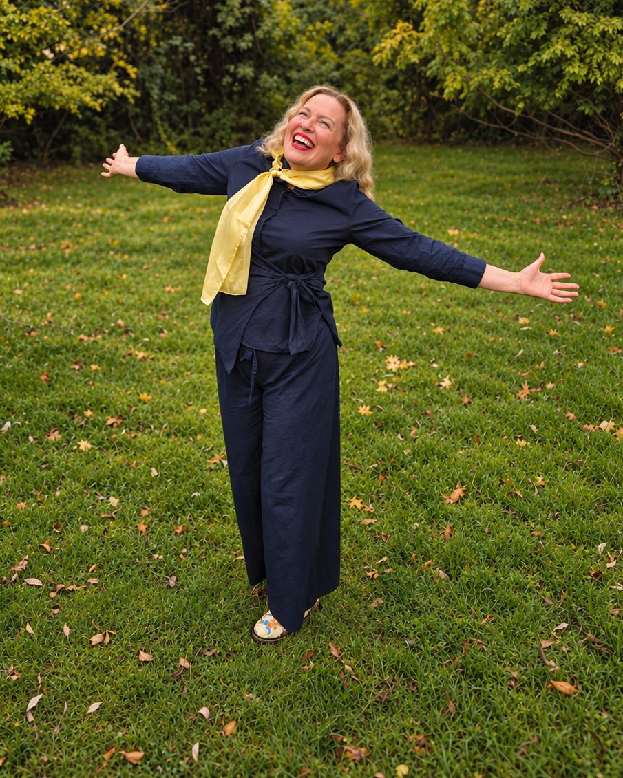 Mayra Sanchez with her arms spread wide in a park, face lifted to the sky