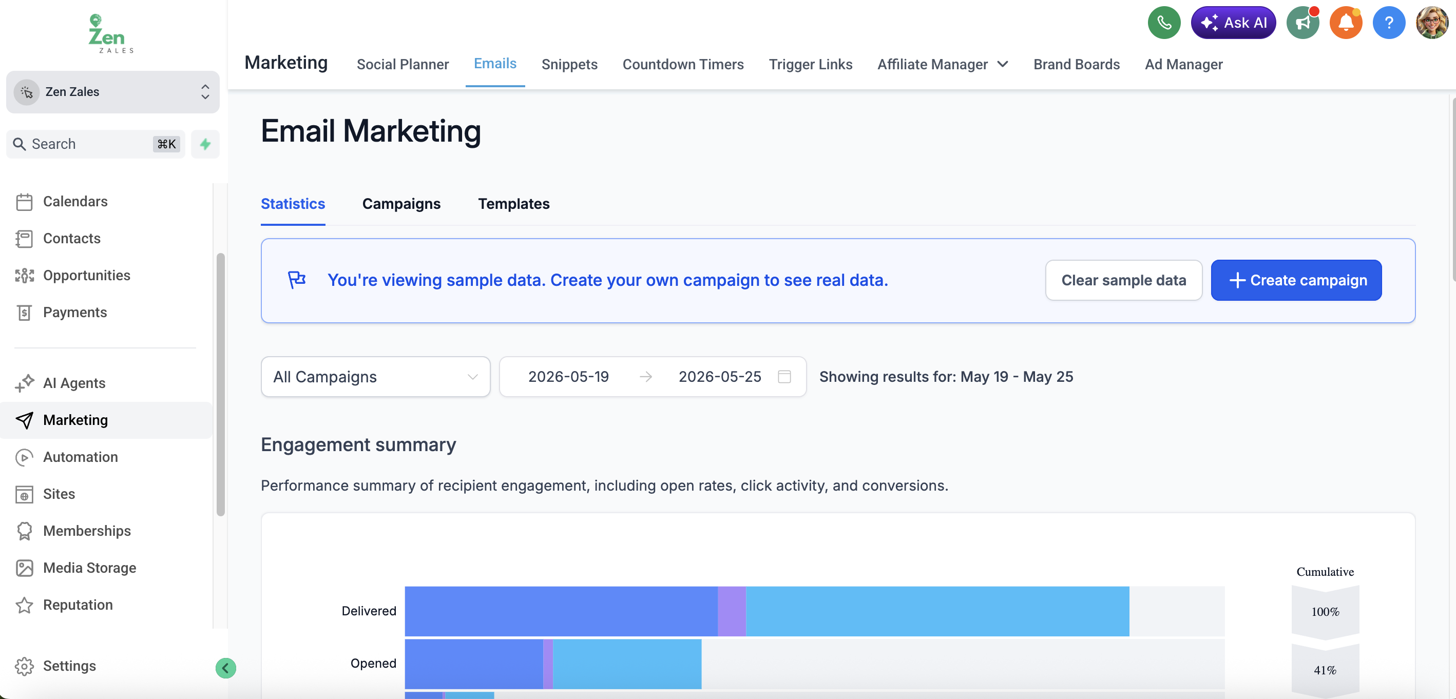 ZenZales · Email marketing · pantalla real de la plataforma