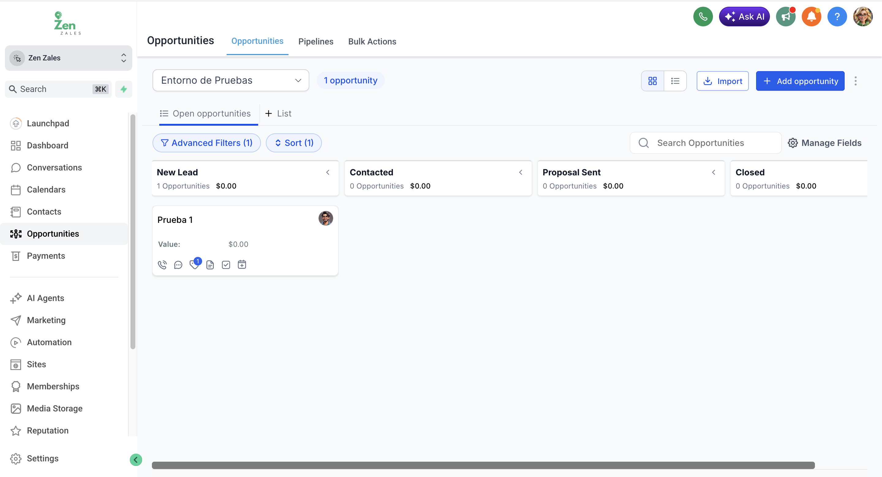 ZenZales · CRM · Pipeline · pantalla real de la plataforma