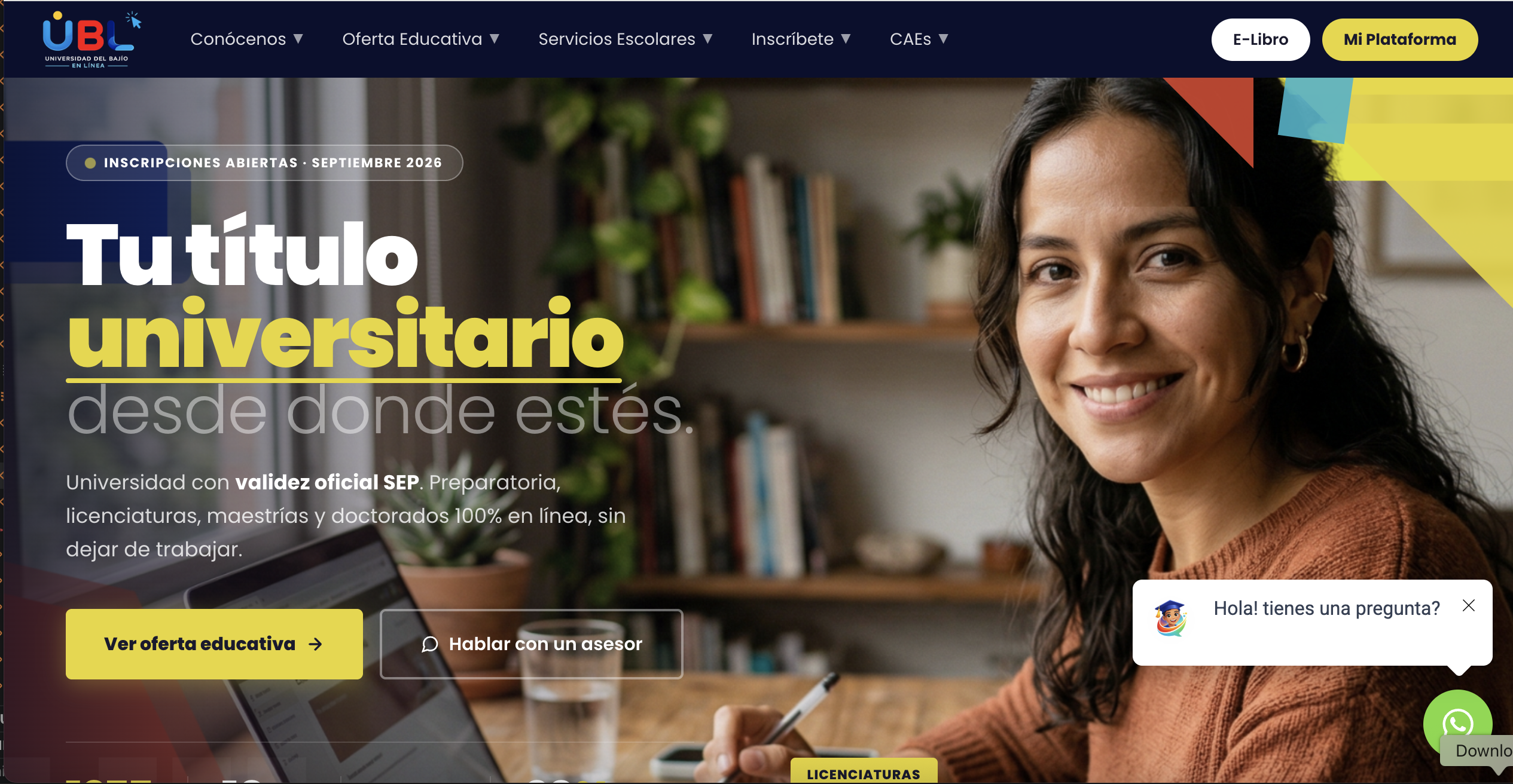 Sitio web de Universidad del Bajío en Línea (UBL), desarrollado por ZenZales