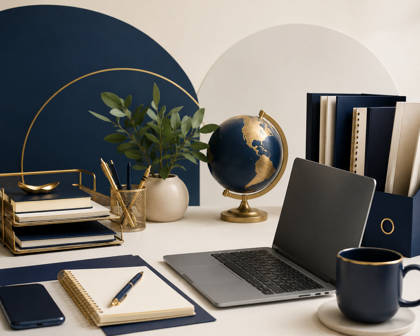 Workspace detail — desk, laptop, notebook, coffee