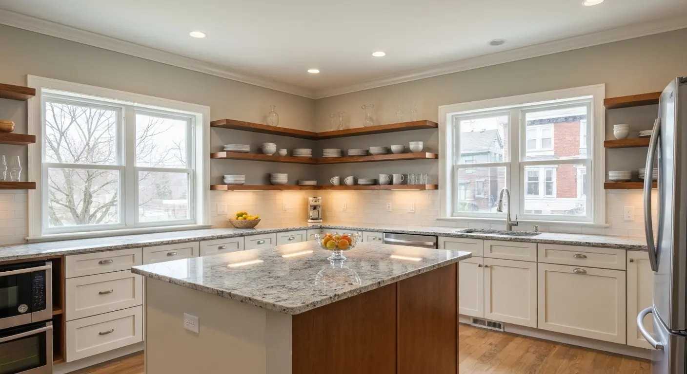 Modern kitchen remodel with island and open shelving