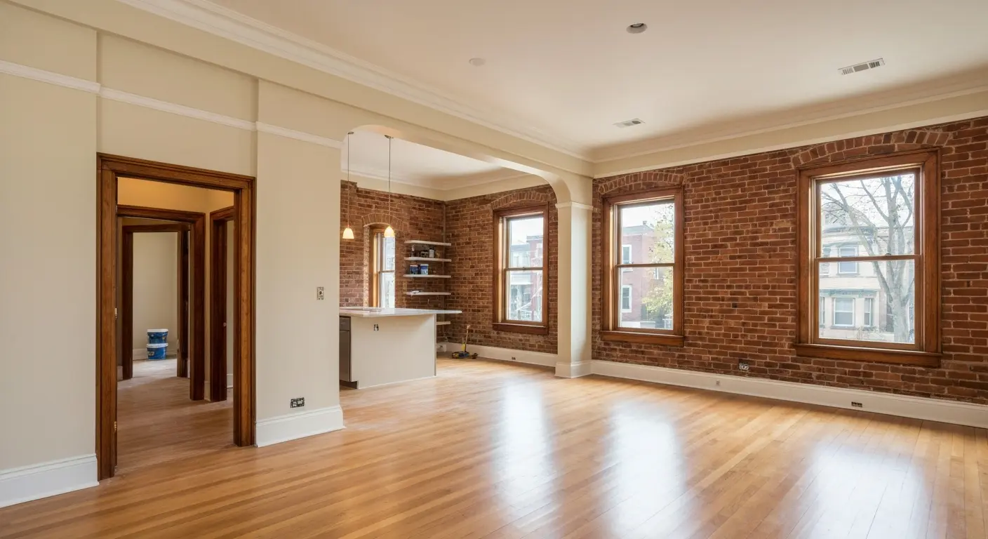 Fully renovated historic townhouse interior with open concept